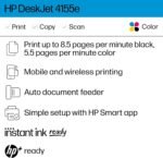 HP DeskJet 4155e Wireless Color Inkjet Printer, Print, scan, copy,